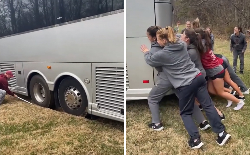 Γυναικεία ομάδα λακρός σπρώχνει λεωφορείο που κόλλησε στη λάσπη – Δείτε βίντεο