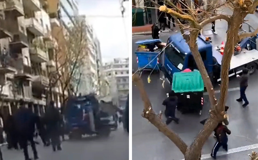 Βίντεο με τον γερανό της αστυνομίας να κάνει ελιγμούς στην Ακαδημίας &#8211; Παρέσυρε κάδους που έβαλαν στον δρόμο του διαδηλωτές