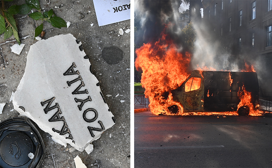 Έσπασαν το μνημείο για τα θύματα της Marfin και έκαψαν βαν – Επεισόδια στην Αθήνα μετά το συλλαλητήριο για τα Τέμπη