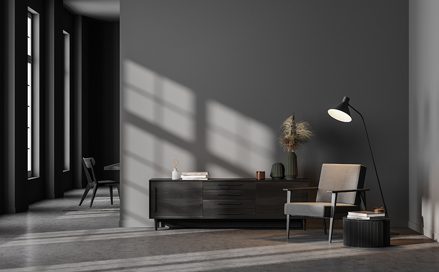 σαλόνι με γκρι τοίχο