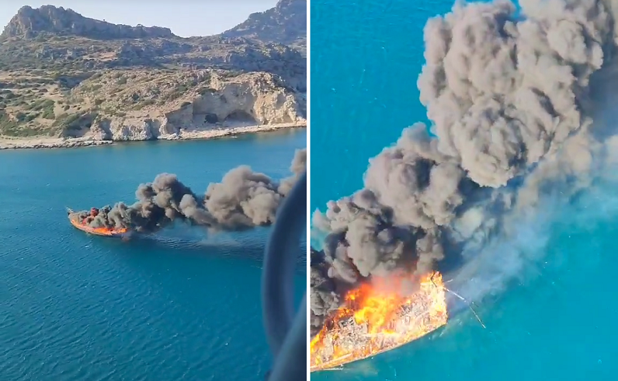 Βίντεο από ελικόπτερο δείχνει τη στιγμή που καίγεται ολοσχερώς τουριστικό πλοιάριο στη Ρόδο