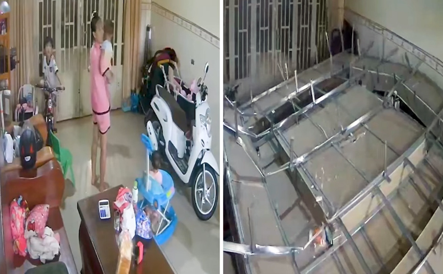 Δραματικό βίντεο με μαμά που σώζει το μωρό της λίγα δευτερόλεπτα πριν καταρρεύσει το ταβάνι του σπιτιού