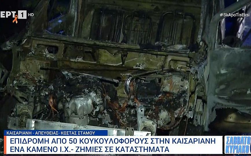 Επιδρομή κουκουλοφόρων στην Καισαριανή με απολογισμό ένα καμένο Ι.Χ. και ζημιές σε καταστήματα
