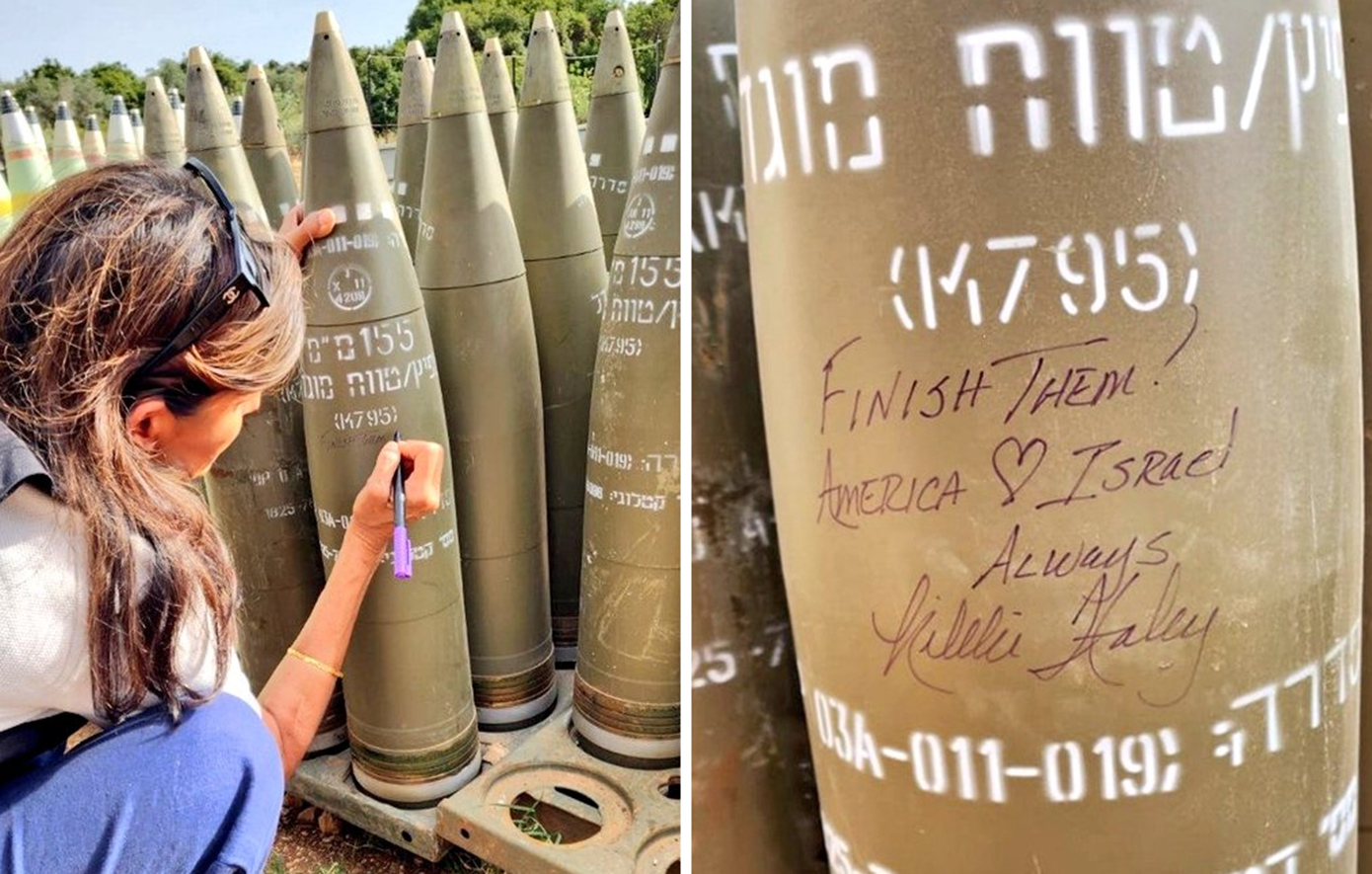 Η Νίκι Χέιλι φωτογραφίζεται την ώρα που γράφει «αποτελειώστε τους» σε ισραηλινή οβίδα
