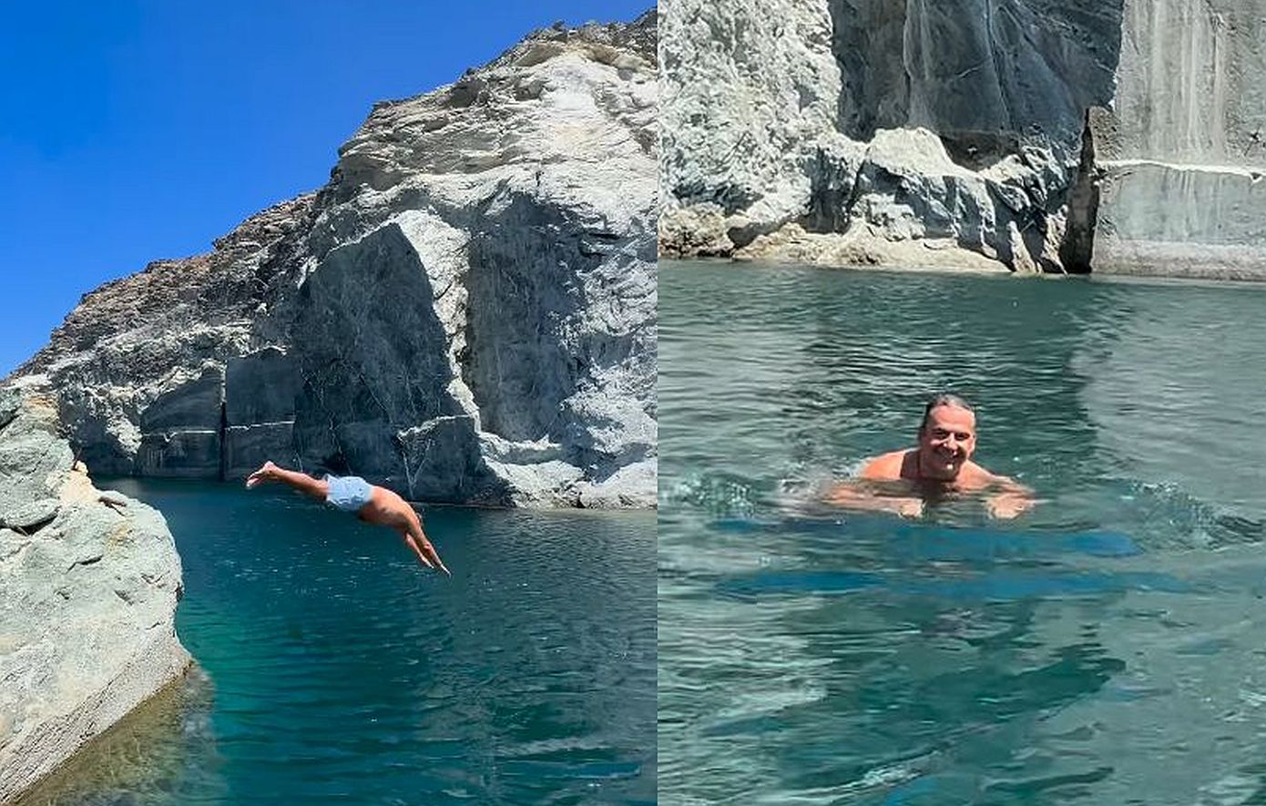 Ο Γιώργος Λιάγκας απολαμβάνει τις βουτιές του στις παραλίες της Τήνου