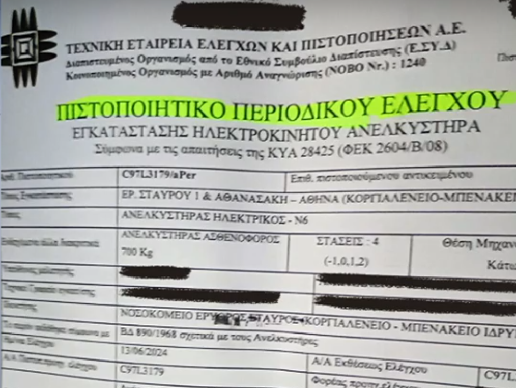 Πριν από 20 μέρες συντηρήθηκε το ασανσέρ που έπεσε στον «Ερυθρό Σταυρό» τραυματίζοντας 4 άτομα