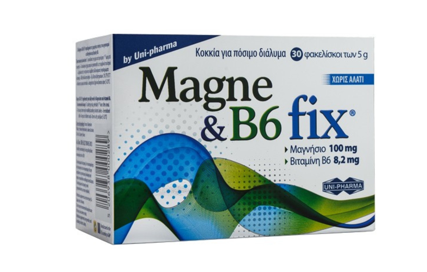 Συσκευασία του συμπληρώματος διατροφής Magne & B6 fix της UNI-PHARMA Συσκευασία του συμπληρώματος διατροφής Magne & B6 fix της UNI-PHARMA