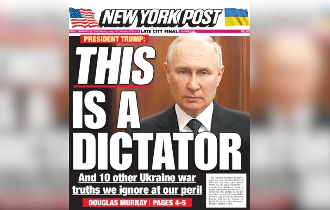 «Αυτός είναι ο δικτάτορας»: Η New York Post, που έχει στηρίξει ανοιχτά τον Τραμπ, απαντά με φωτογραφία του Πούτιν