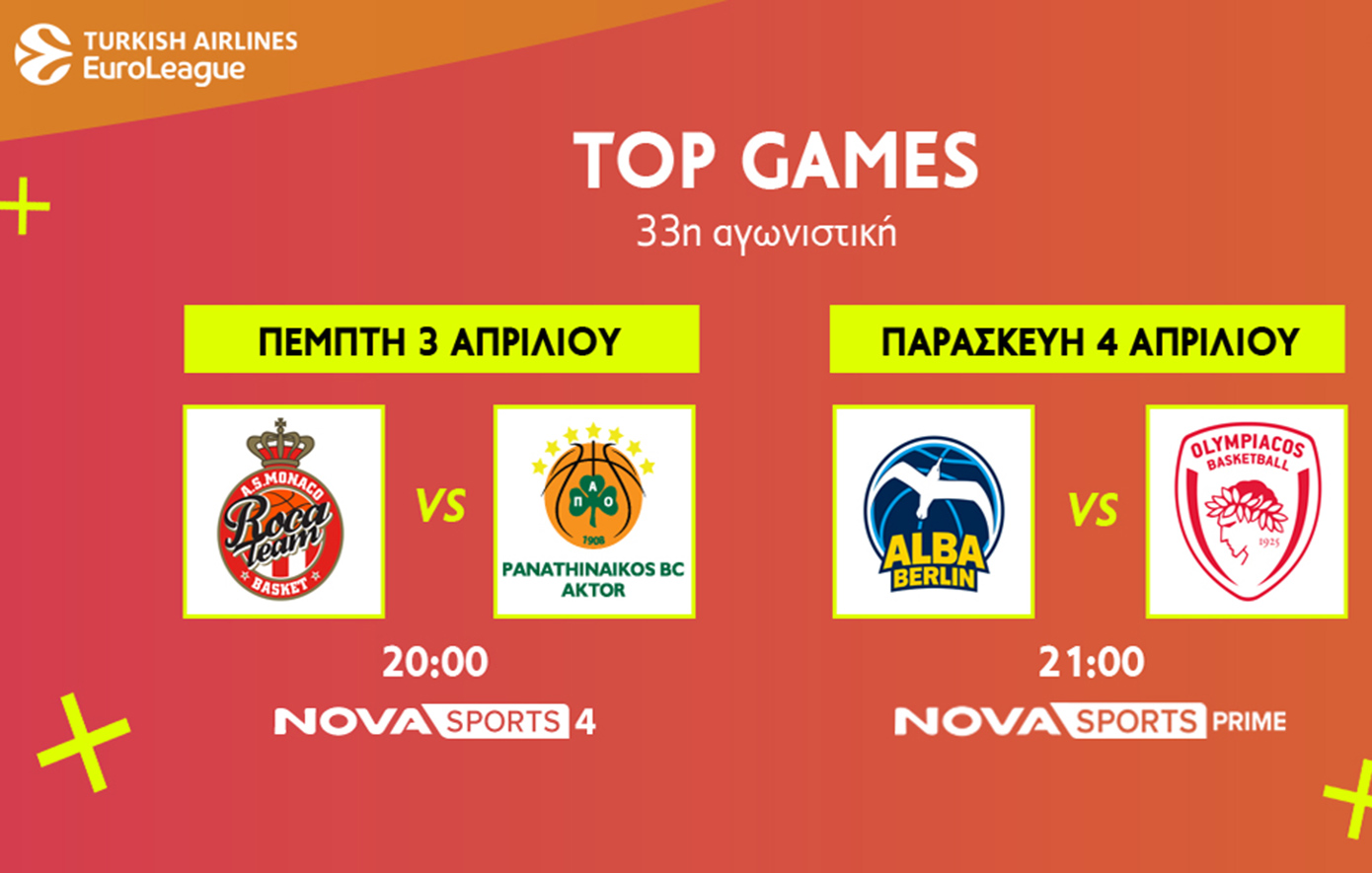 EuroLeague: Μονακό &#8211; Παναθηναϊκός AKTOR &amp; Άλμπα Βερολίνου &#8211; Ολυμπιακός στο Novasports!