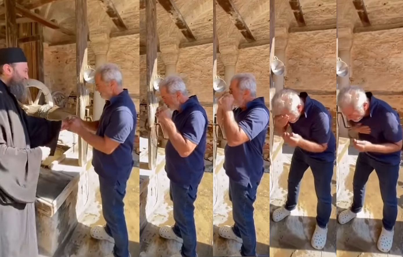Ο Μελ Γκίμπσον σε μια ιδιαίτερα συγκινητική στιγμή δέχεται αγιασμό από Ορθόδοξο μοναχό στο Άγιον Όρος