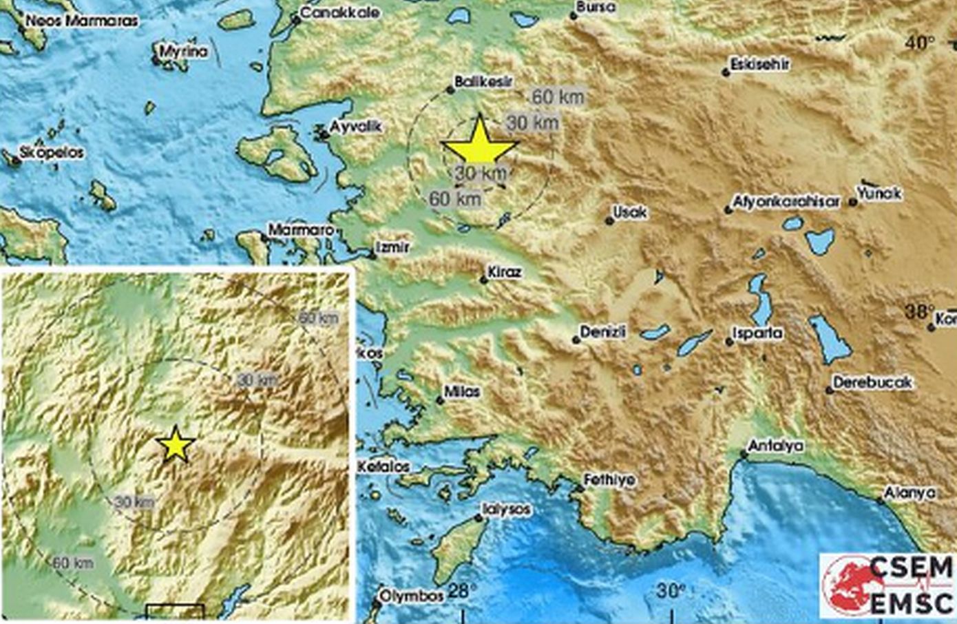 Δύο σεισμοί 4,8 και 4,5 Ρίχτερ μέσα σε λίγα λεπτά σημειώθηκαν στη δυτική Τουρκία