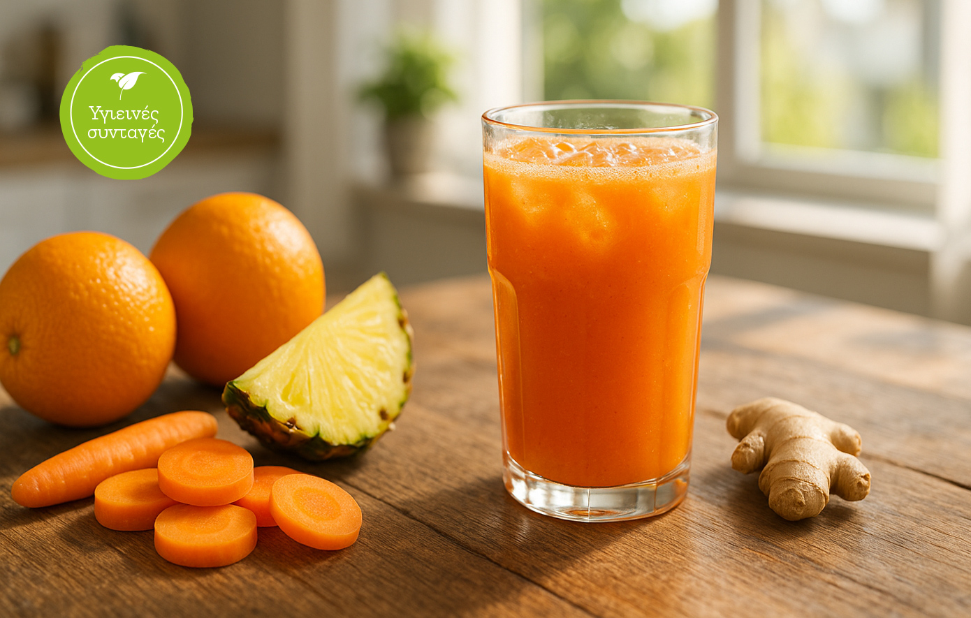 Χυμός πορτοκάλι, καρότο, ανανά &amp; τζίντζερ