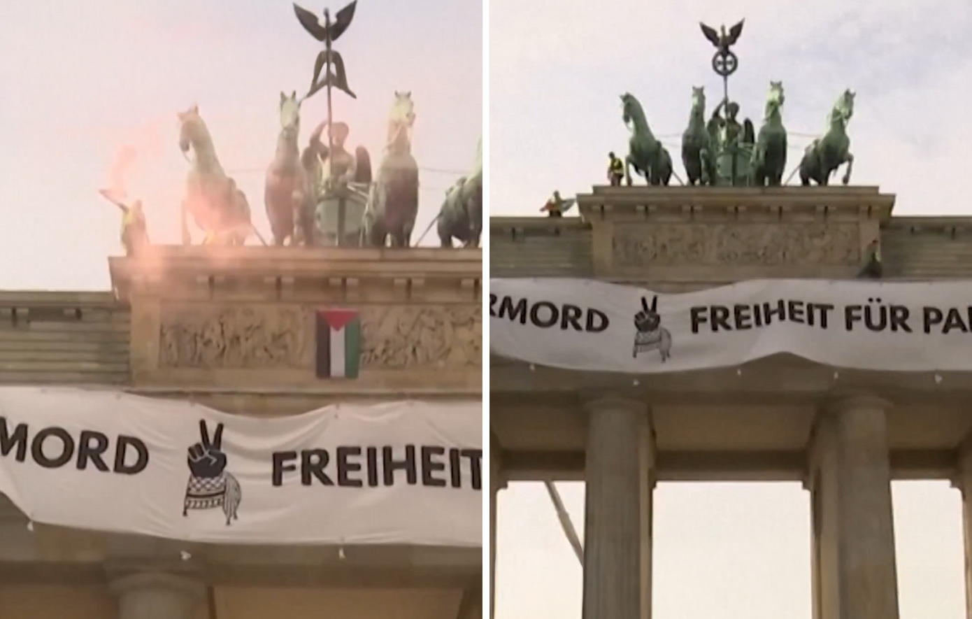 Ακτιβιστές υπέρ της Παλαιστίνης ανέβηκαν στην Πύλη του Βρανδεμβούργου και ανάρτησαν πανό διαμαρτυρίας