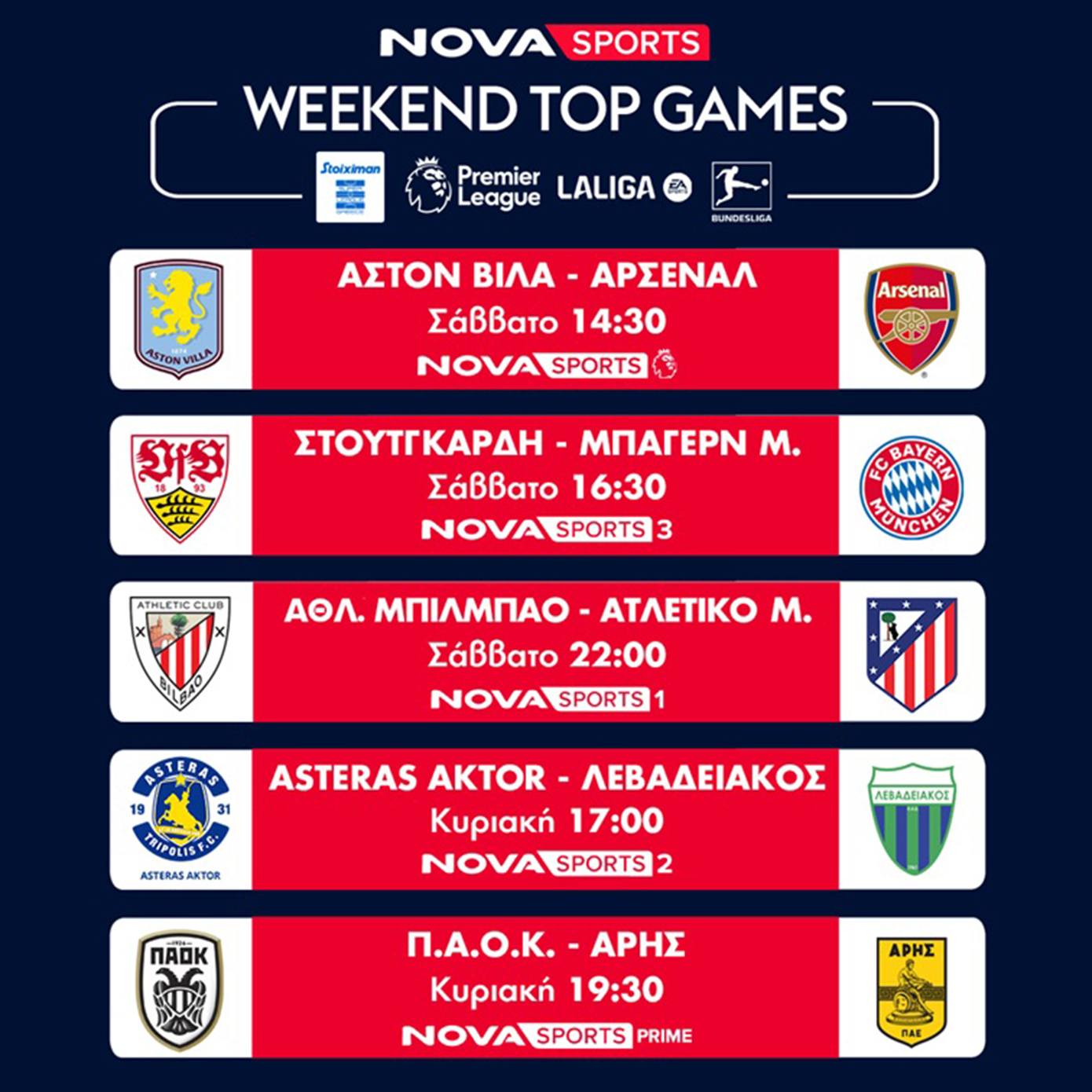 Nova: Πανδαισία με όλη τη Stoiximan Super League και ΠΑΟΚ – Άρης, διπλή Premier League, Μπαρτσελόνα – Ατλέτικο Μαδρίτης, Coppa Italia με Λάτσιο – Μίλαν, Kύπελλο Betsson στα κανάλια Novasports και Cosmote Sport!