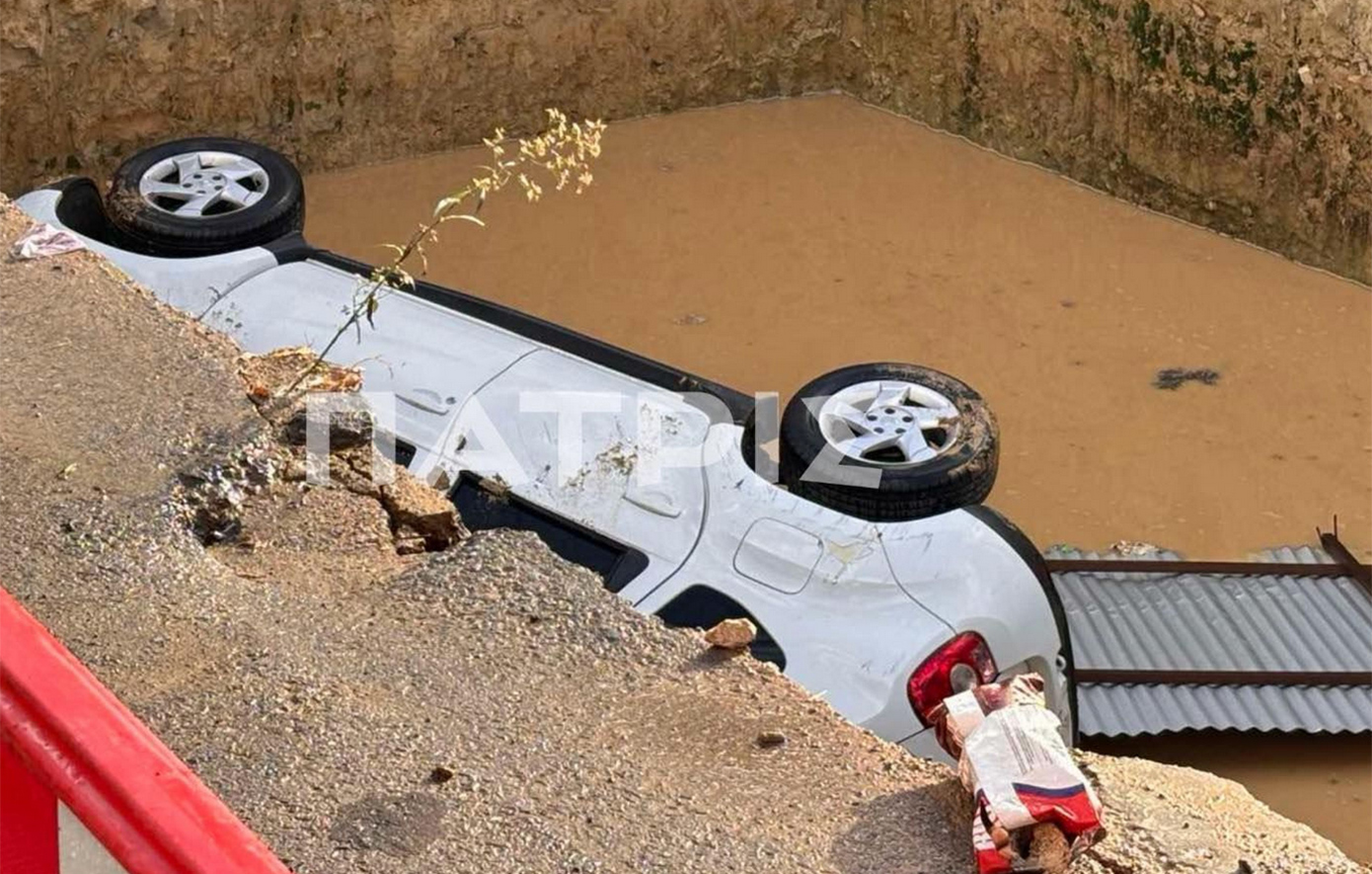 Υποχώρησε δρόμος στο Ηράκλειο &#8211; Αυτοκίνητο «βυθίστηκε» σε οικόπεδο, δείτε φωτογραφίες