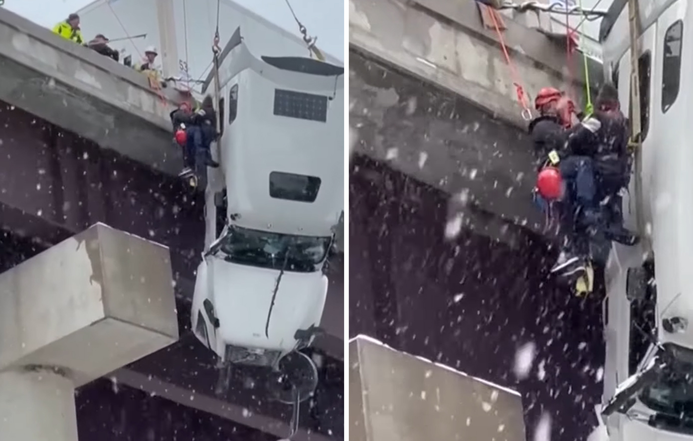 Η συγκλονιστική στιγμή της διάσωσης ενός οδηγού από φορτηγό που κρεμόταν από γέφυρα 30 μέτρων &#8211; Δείτε βίντεο