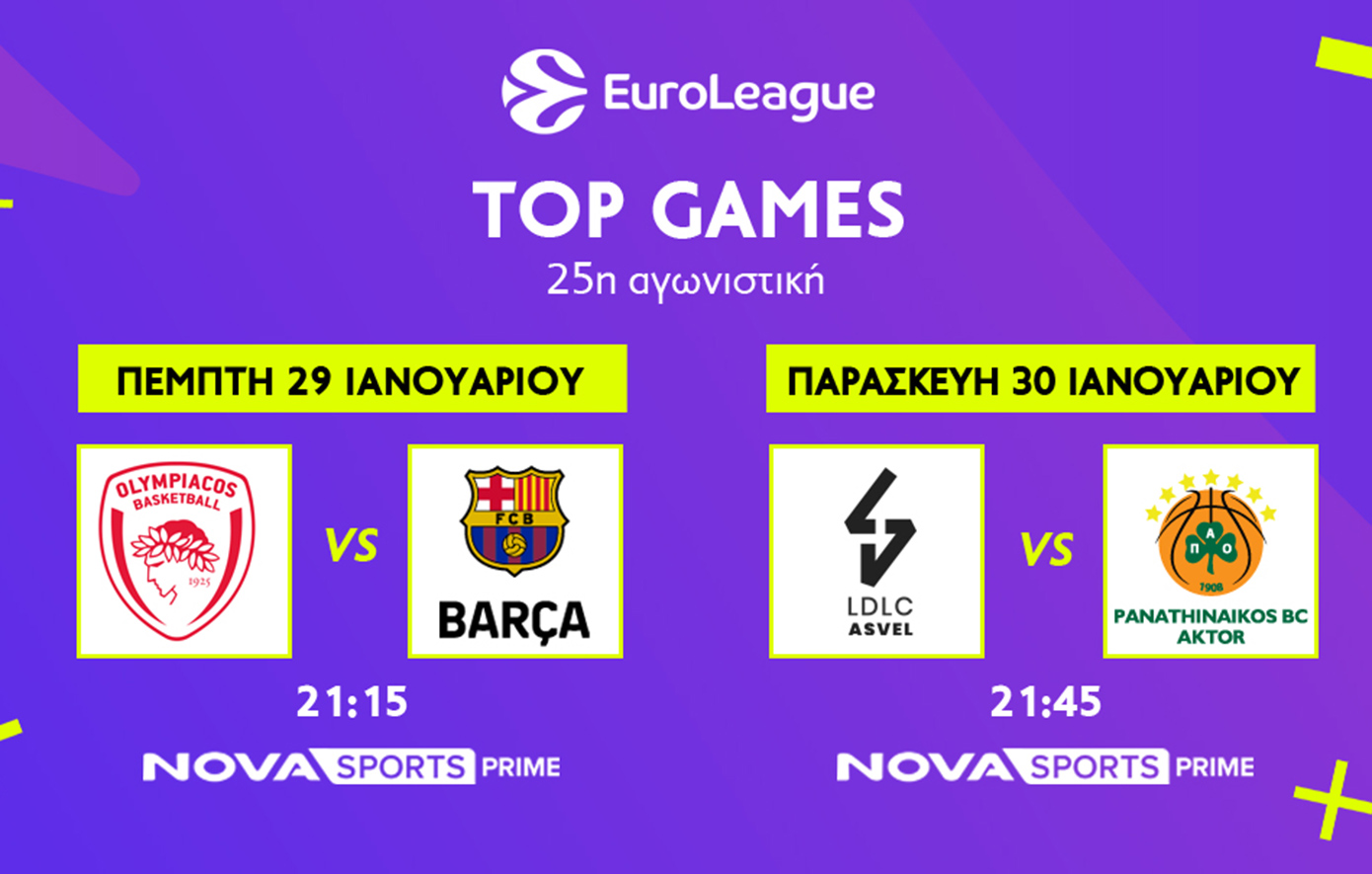 Ολυμπιακός – Μπαρτσελόνα, Βιλερμπάν – Παναθηναϊκός AKTOR στη EuroLeague και οι «μάχες» στο EuroCup στο παρκέ του Novasports! 