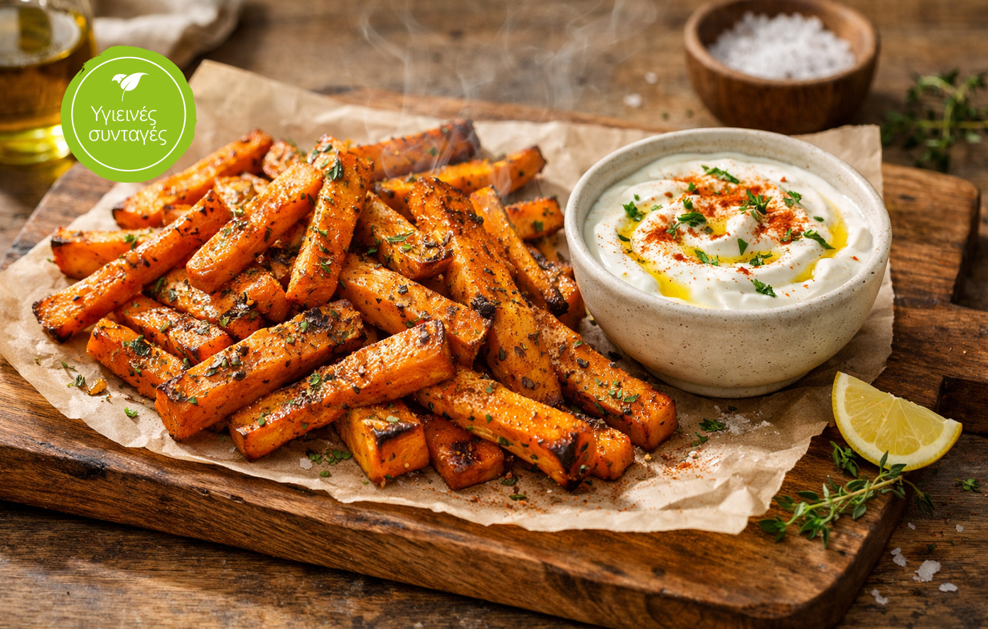 Υγιεινό βραδινό: Γλυκοπατάτες ψητές φούρνου με ντιπ γιαουρτιού