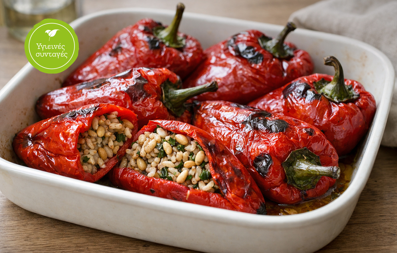 Γεμιστές κόκκινες πιπεριές με ρύζι και κουκουνάρι