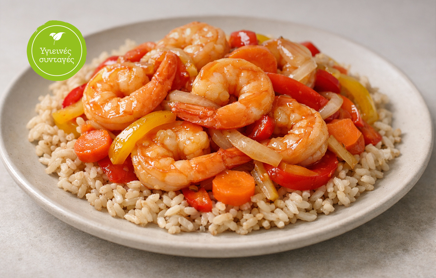 Γλυκόξινες γαρίδες με καστανό ρύζι