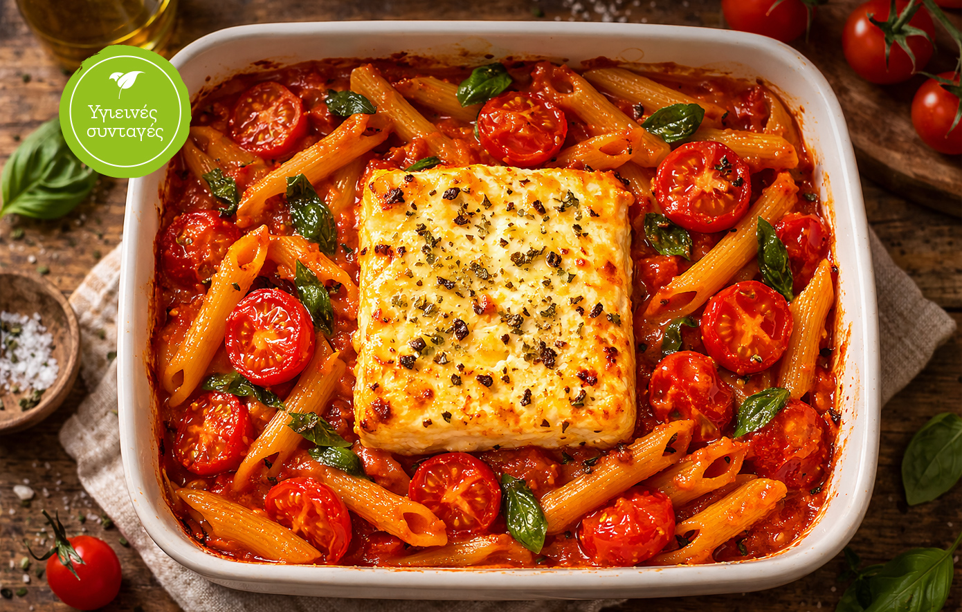 Ζυμαρικά ολικής με φέτα στο φούρνο σε 20 λεπτά