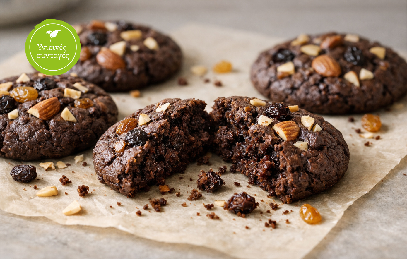 Cookies σοκολάτας με μέλι, αμύγδαλα &amp; σταφίδες  
