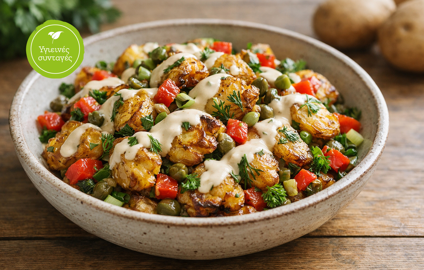 Πατατοσαλάτα φούρνου με σως ταχίνι (νηστίσιμη)