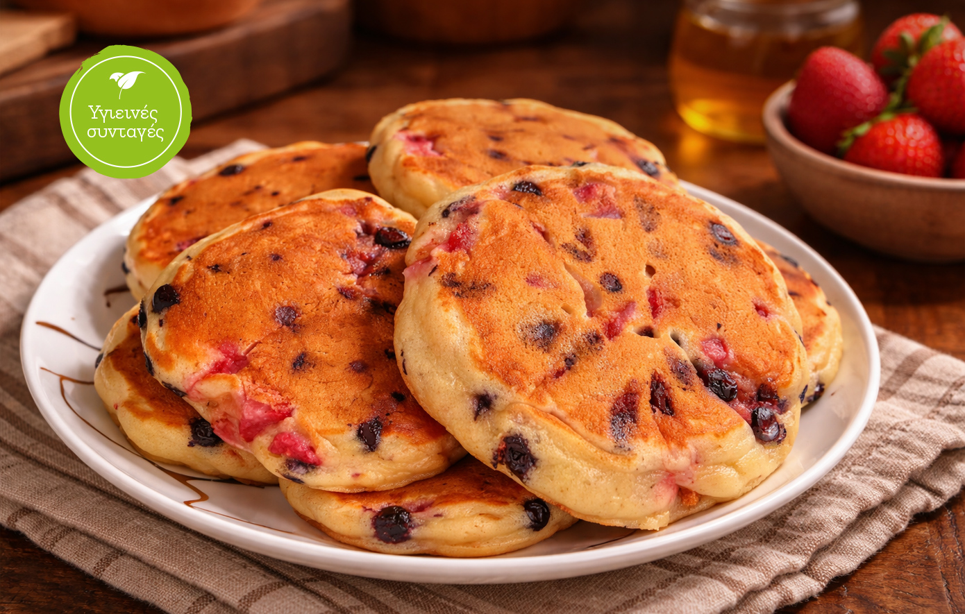 Pancakes βρώμης με γέμιση φράουλα και σοκολάτα