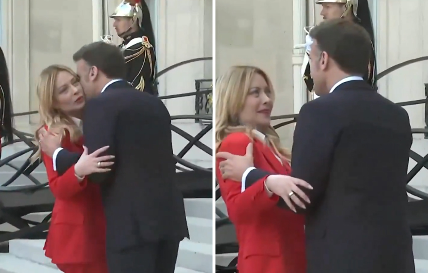 To πολύ εγκάρδιο φιλί του Μακρόν στην Τζόρτζια Μελόνι και τα viral γουρλωμένα μάτια