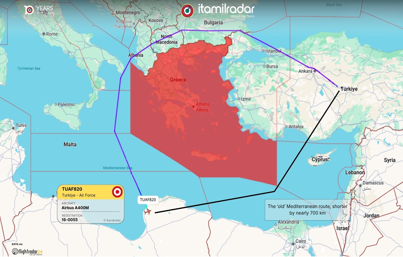 Η ασυνήθιστη πτήση τουρκικού Airbus A400M προς Λιβύη: Έκανε 700 επιπλέον χιλιόμετρα για να μην μπει στο FIR Αθηνών