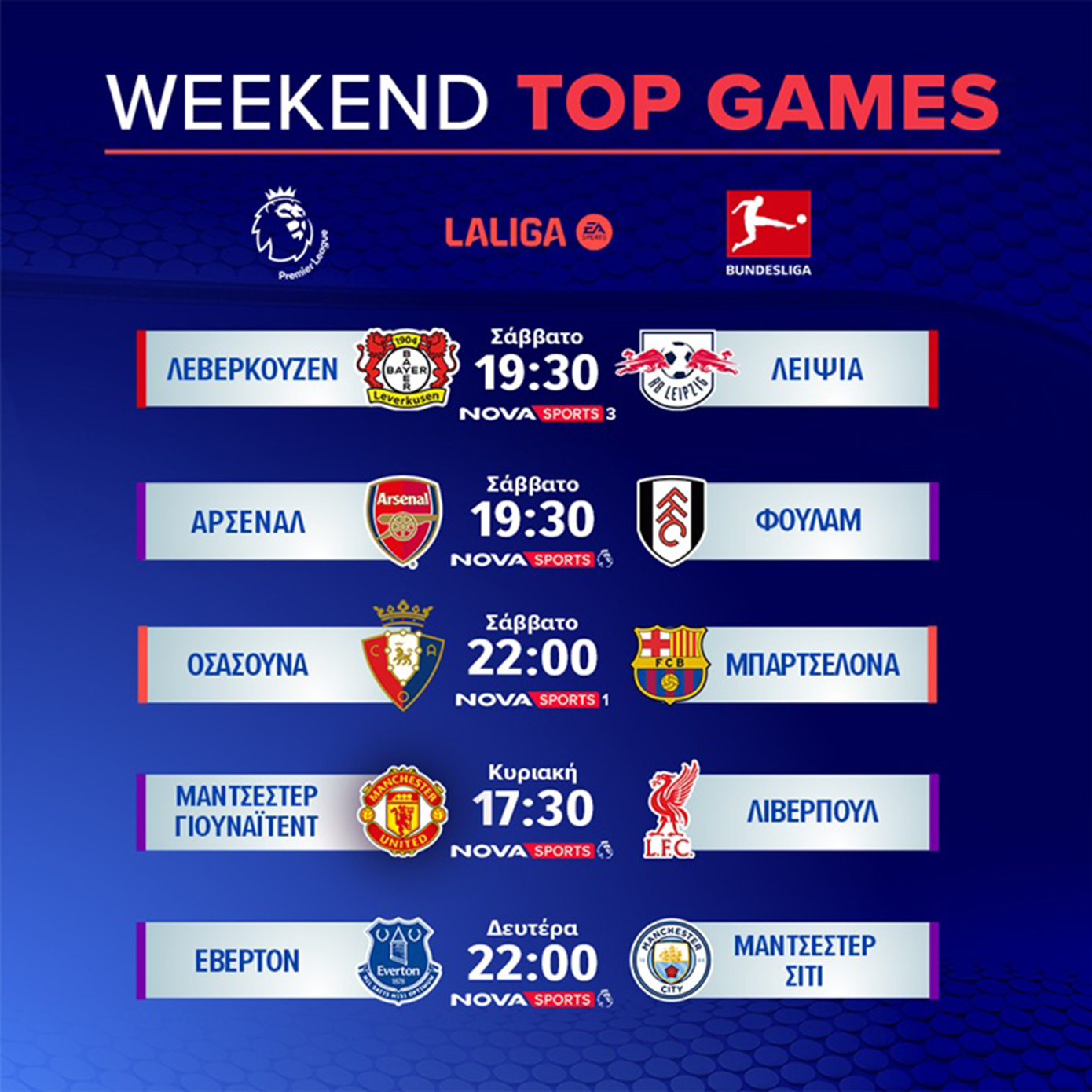 Nova: Πανδαισία με ΠΑΟΚ – Ολυμπιακός, Παναθηναϊκός – ΑΕΚ, τις «μάχες» τίτλου των Άρσεναλ και Μ. Σίτι, Μάντσεστερ Γιουνάιτεντ - Λίβερπουλ, ημιτελικά διοργανώσεων UEFA στα κανάλια Novasports και Cosmote Sport!