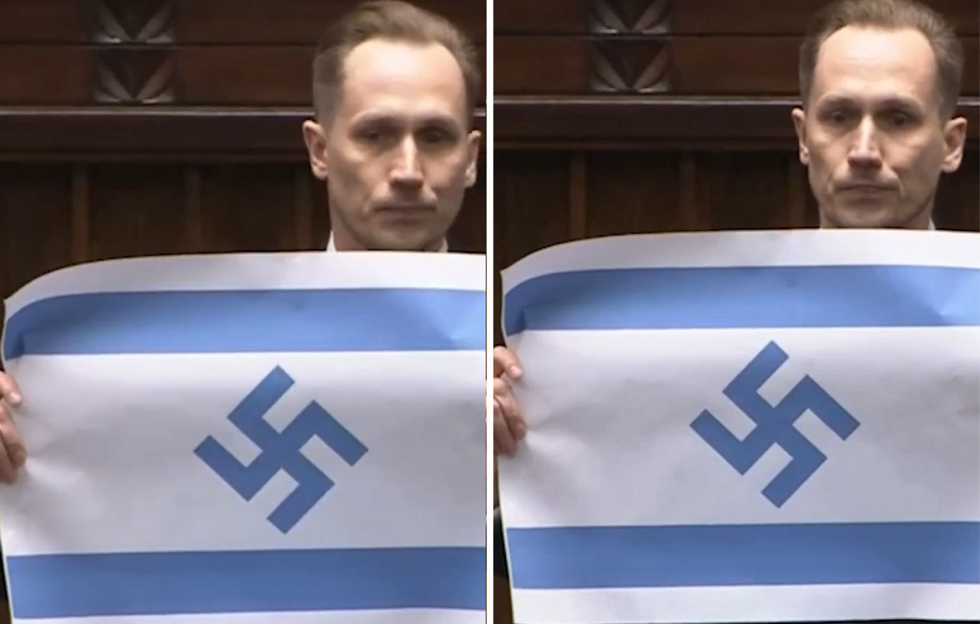 Πολωνός βουλευτής ύψωσε στη Βουλή σημαία του Ισραήλ με σβάστικα &#8211; «Είναι το Τρίτο Ράιχ, δολοφονεί παιδιά»