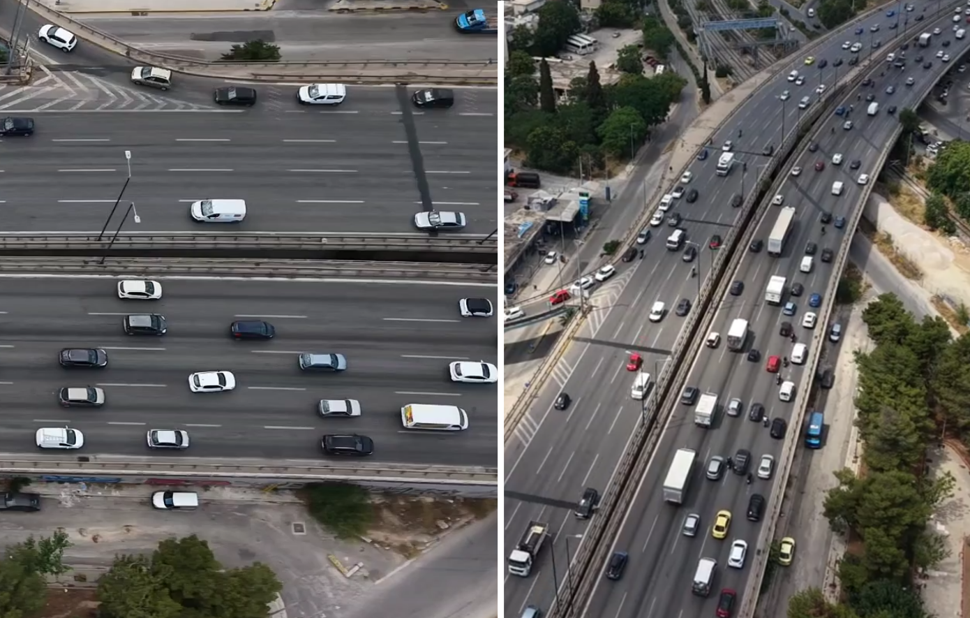Κίνηση και ουρές άνω των 10 χιλιομέτρων στον Κηφισό: Εικόνες drone δείχνουν το μαρτύριο των οδηγών