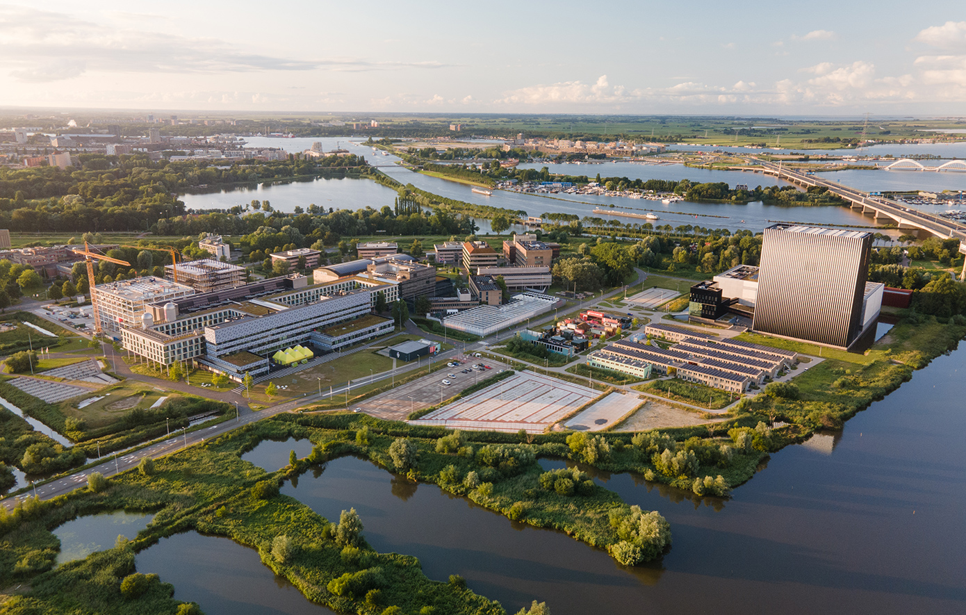 Aerial view of Amsterdam science park in East part of amsterdam, university campus and datacenter fly over
