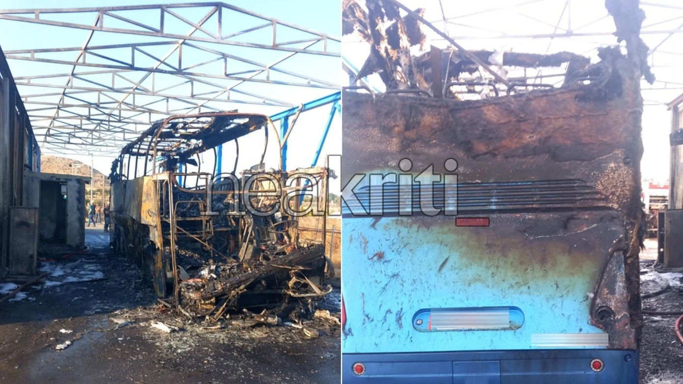 Φωτιά σε λεωφορείο δίπλα στο αεροδρόμιο Ηρακλείου – Στις φλόγες και προκάτ κτίριο