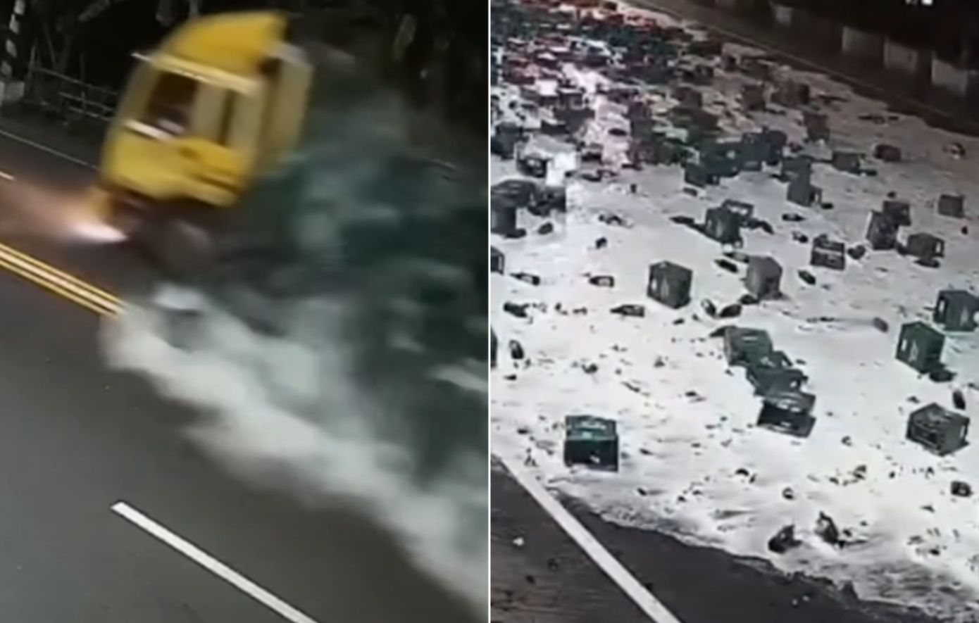 Ποτάμι από μπίρες πλημμύρισε αυτοκινητόδρομο μετά από ατύχημα σε φορτηγό: Εκτοξεύτηκαν 2.000 κασόνια