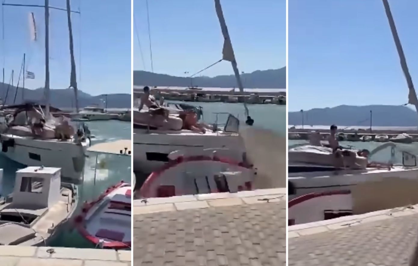 Η στιγμή που το τουριστικό ιστιοφόρο προσκρούει σε ελλιμενισμένα σκάφη στο λιμάνι του Καλάμου Λευκάδας &#8211; Δείτε βίντεο
