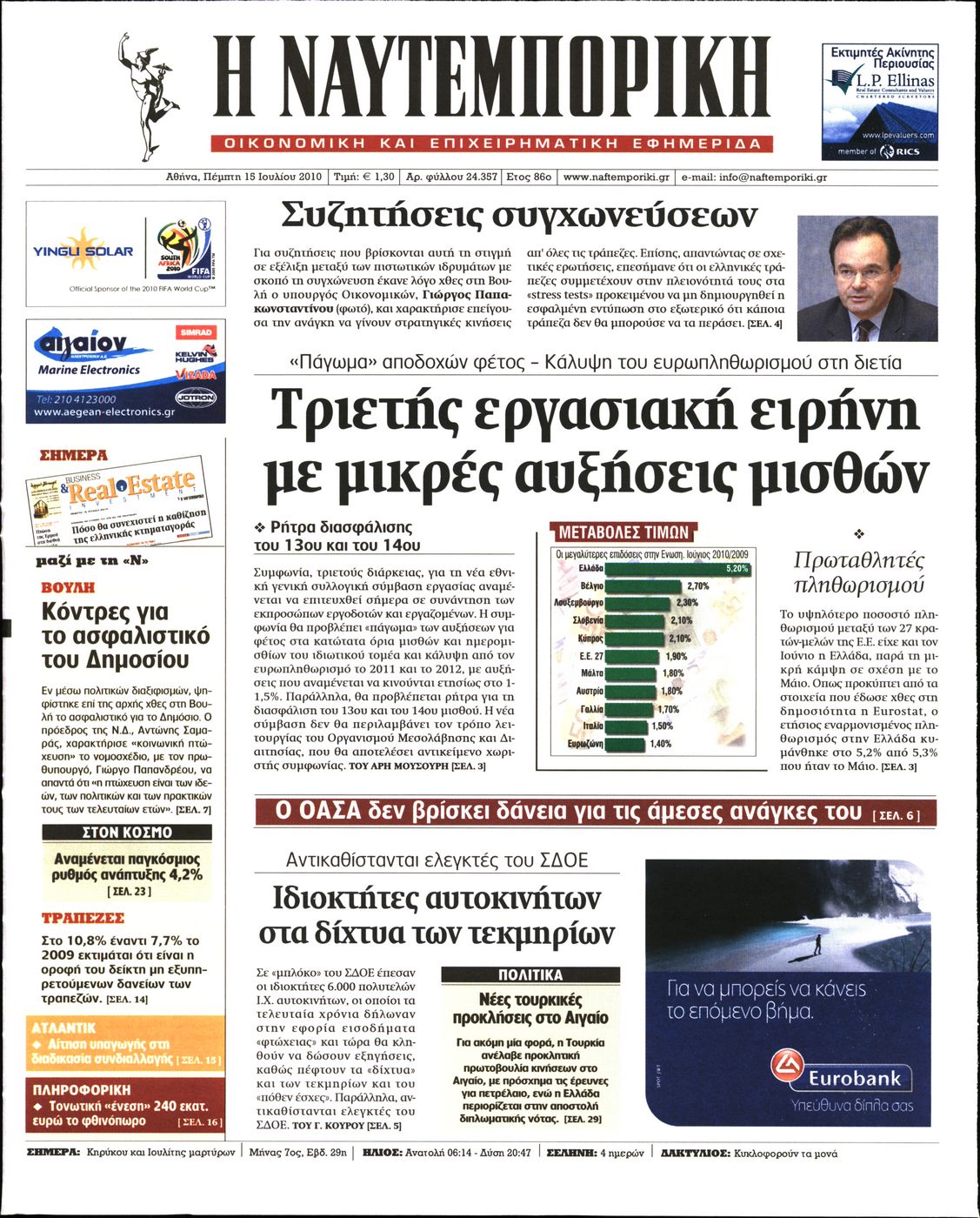 Εξώφυλο εφημερίδας ΝΑΥΤΕΜΠΟΡΙΚΗ 2010-07-15