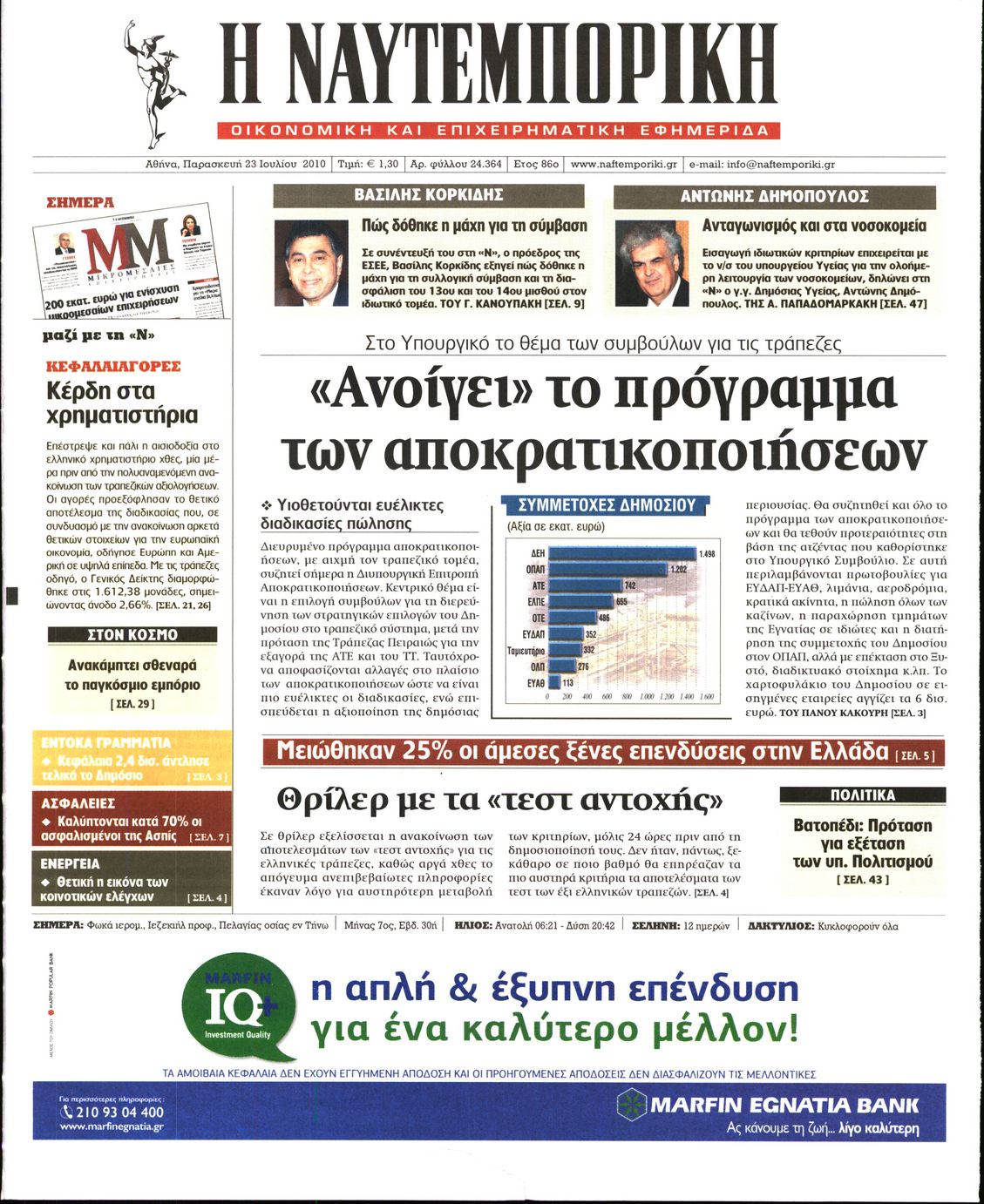 Εξώφυλο εφημερίδας ΝΑΥΤΕΜΠΟΡΙΚΗ 2010-07-23