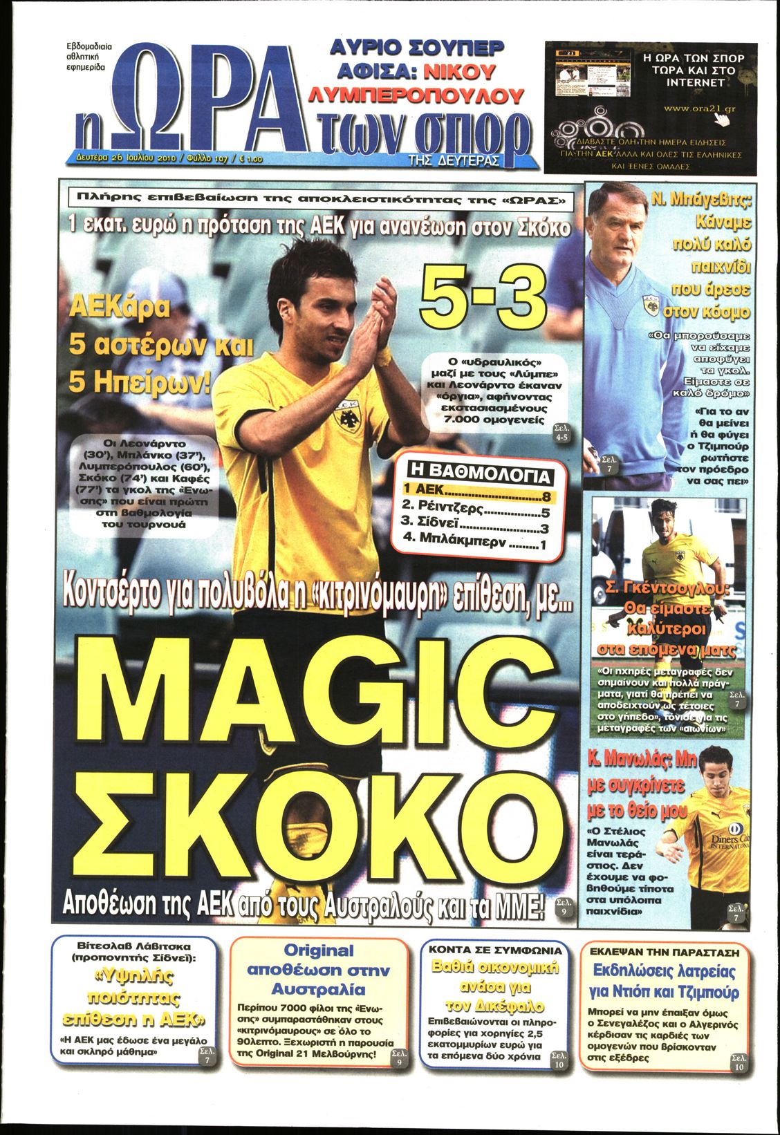 Εξώφυλο εφημερίδας ΩΡΑ ΓΙΑ ΣΠΟΡ 2010-07-26