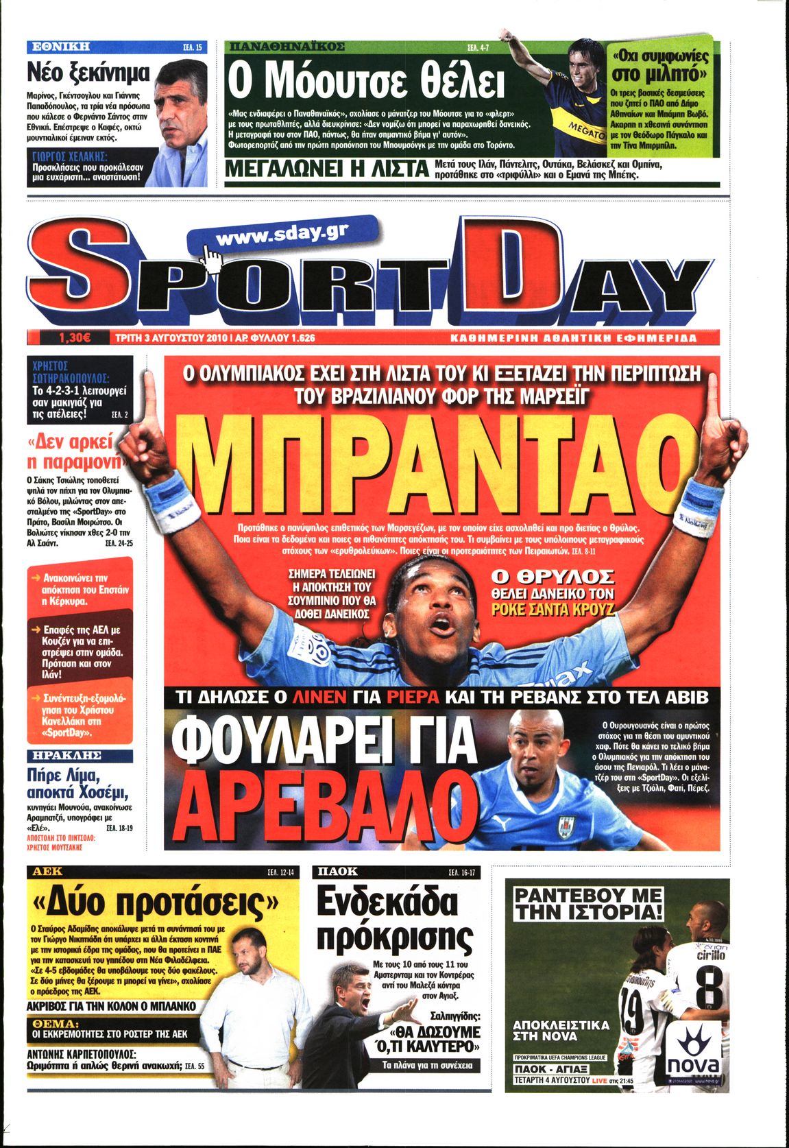 Εξώφυλο εφημερίδας SPORTDAY 2010-08-03