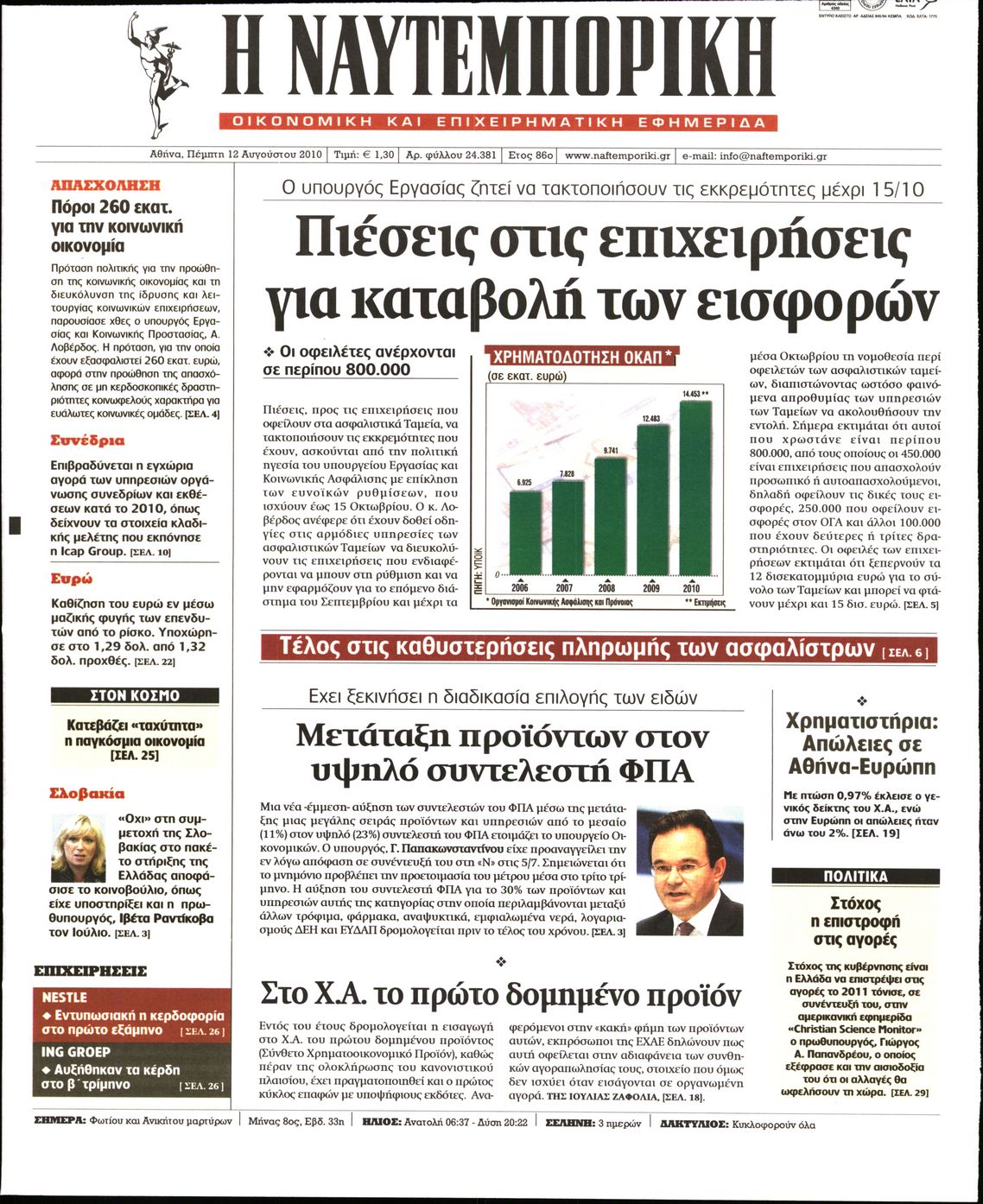 Εξώφυλο εφημερίδας ΝΑΥΤΕΜΠΟΡΙΚΗ 2010-08-12