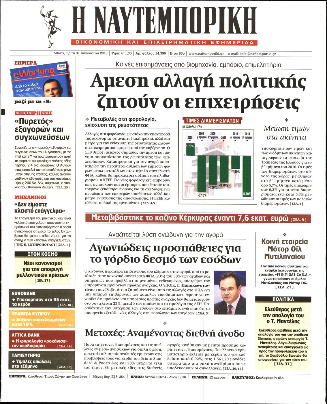 Εξώφυλο εφημερίδας ΝΑΥΤΕΜΠΟΡΙΚΗ 2010-08-31