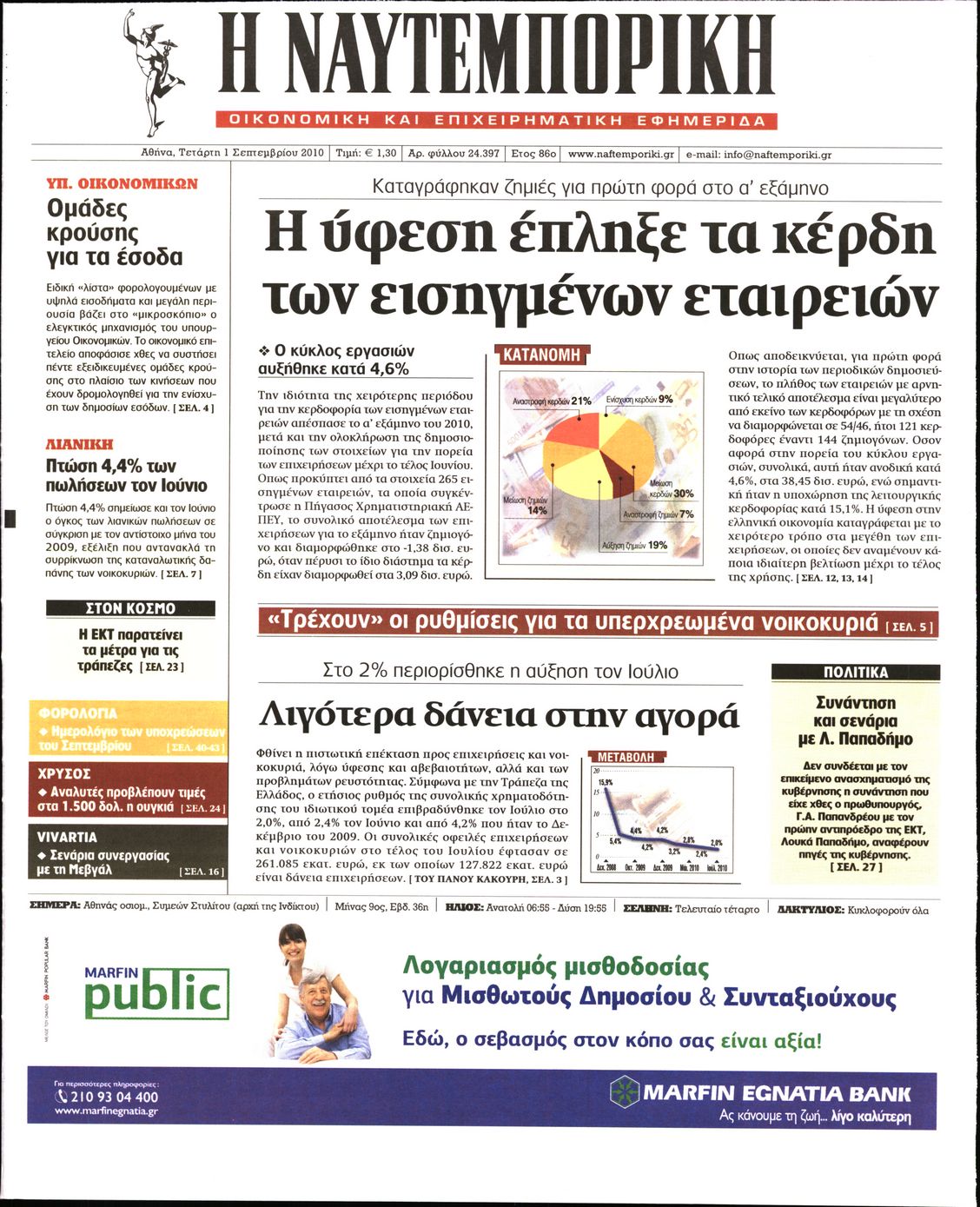 Εξώφυλο εφημερίδας ΝΑΥΤΕΜΠΟΡΙΚΗ 2010-09-01