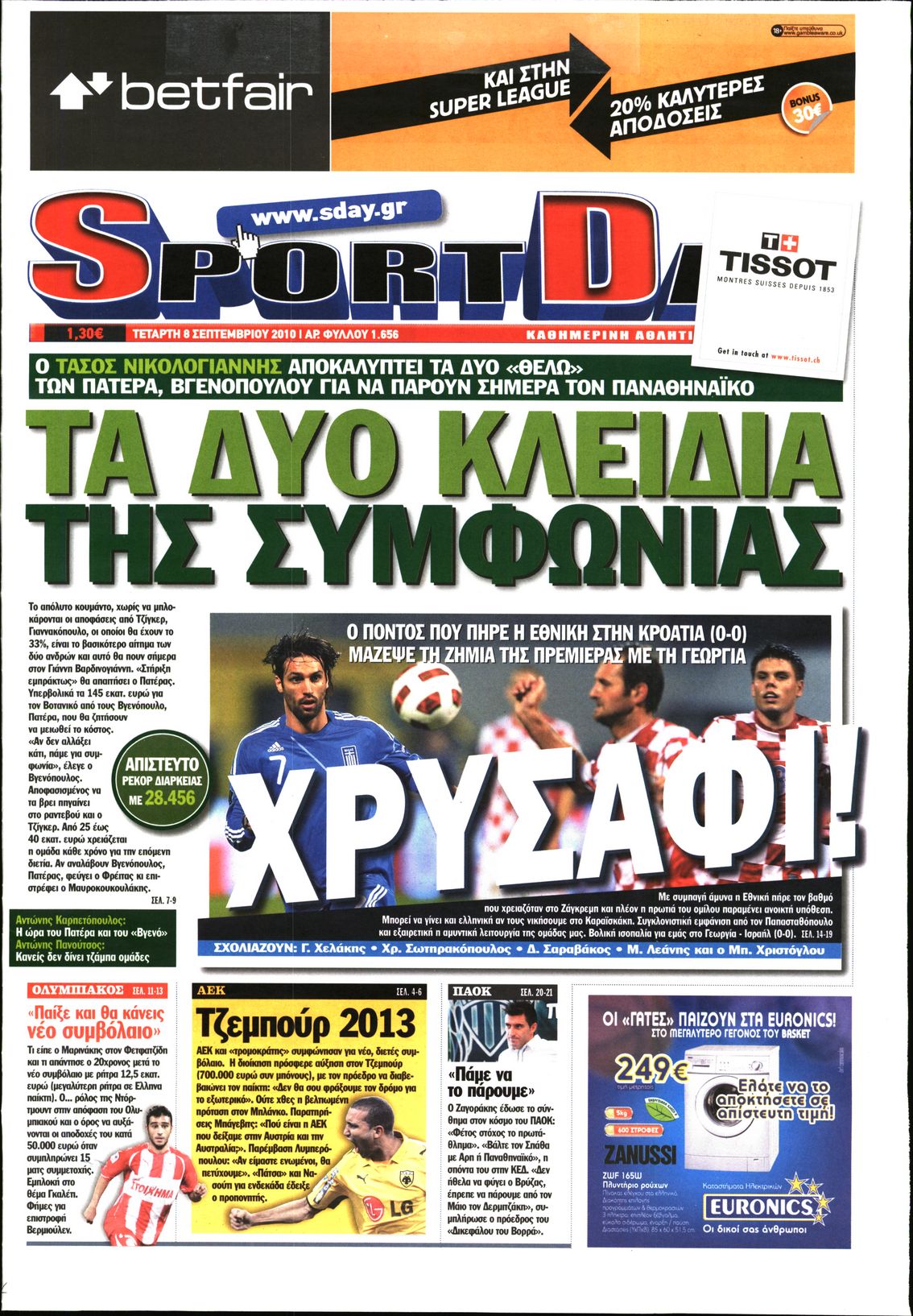Εξώφυλο εφημερίδας SPORTDAY 2010-09-08