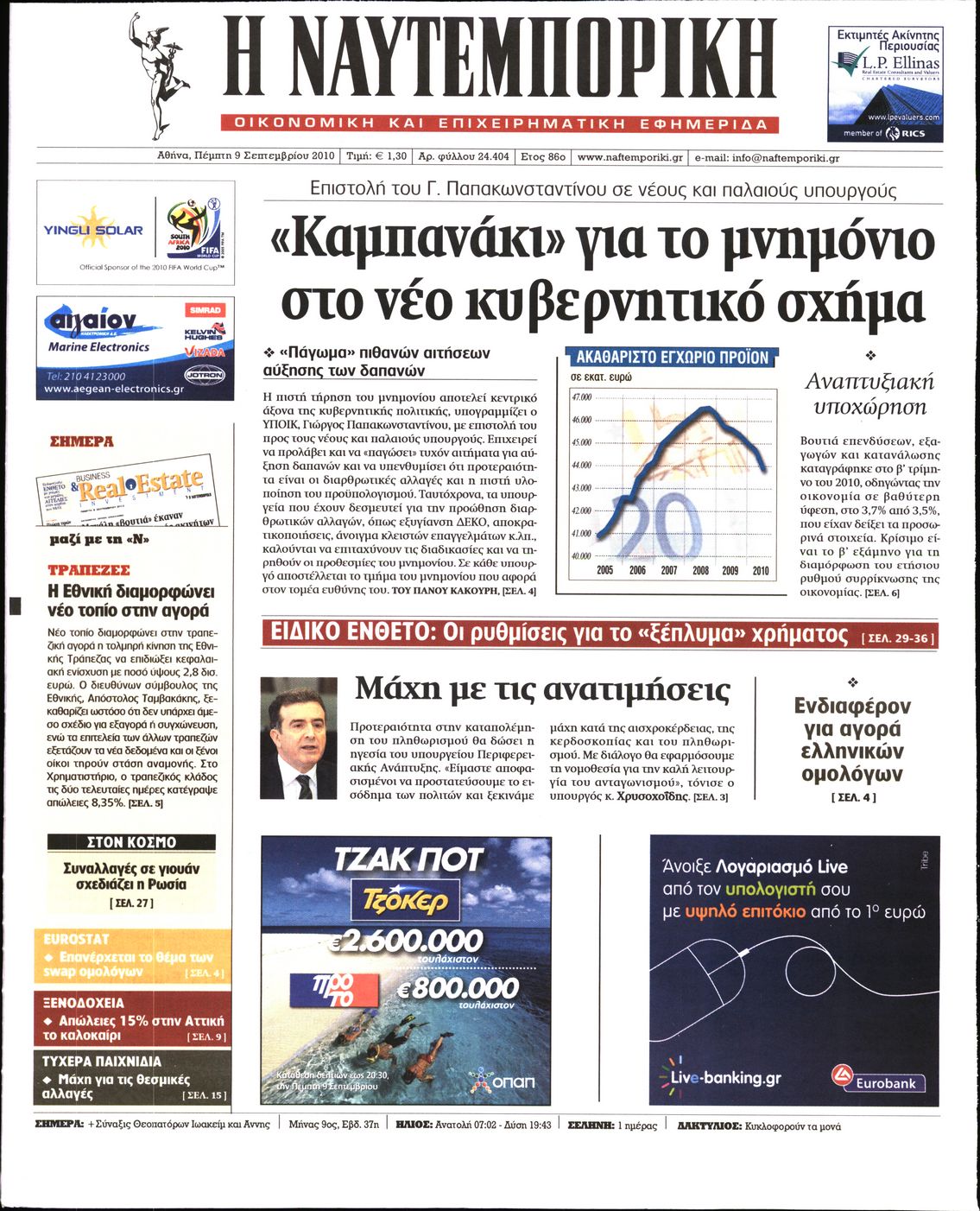 Εξώφυλο εφημερίδας ΝΑΥΤΕΜΠΟΡΙΚΗ 2010-09-09