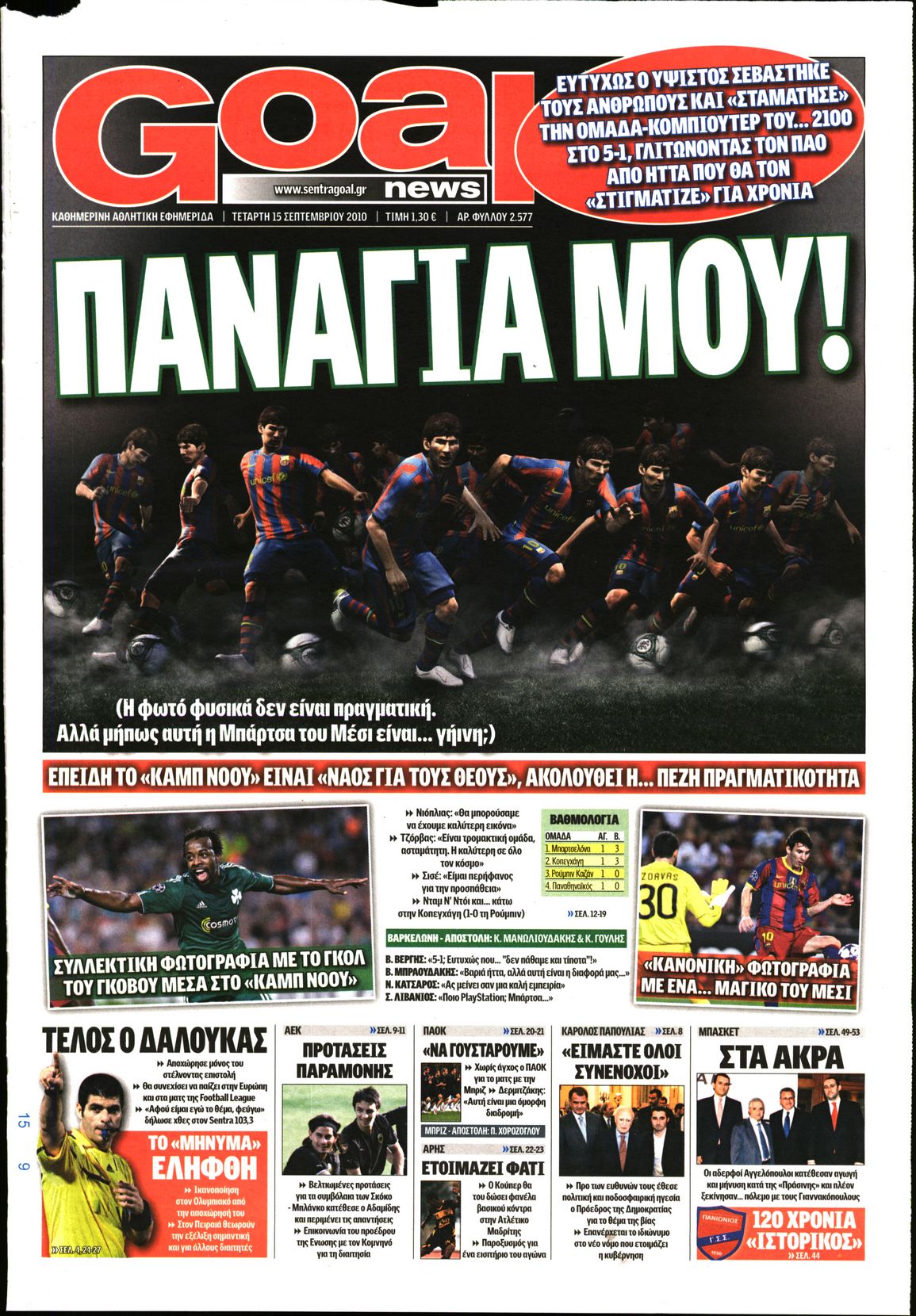Εξώφυλο εφημερίδας GOAL 2010-09-15