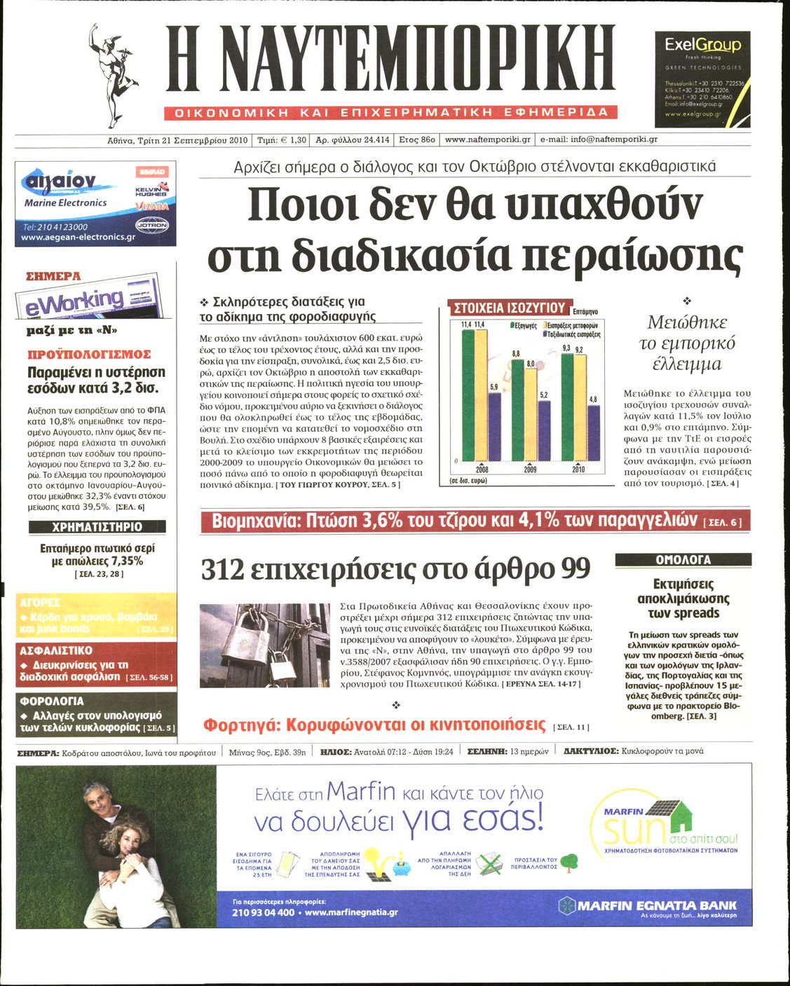 Εξώφυλο εφημερίδας ΝΑΥΤΕΜΠΟΡΙΚΗ 2010-09-21