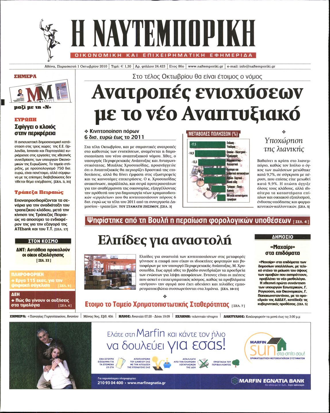 Εξώφυλο εφημερίδας ΝΑΥΤΕΜΠΟΡΙΚΗ 2010-10-01