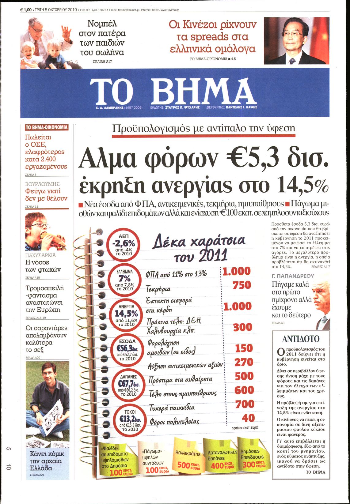Εξώφυλο εφημερίδας ΤΟ ΒΗΜΑ 2010-10-05